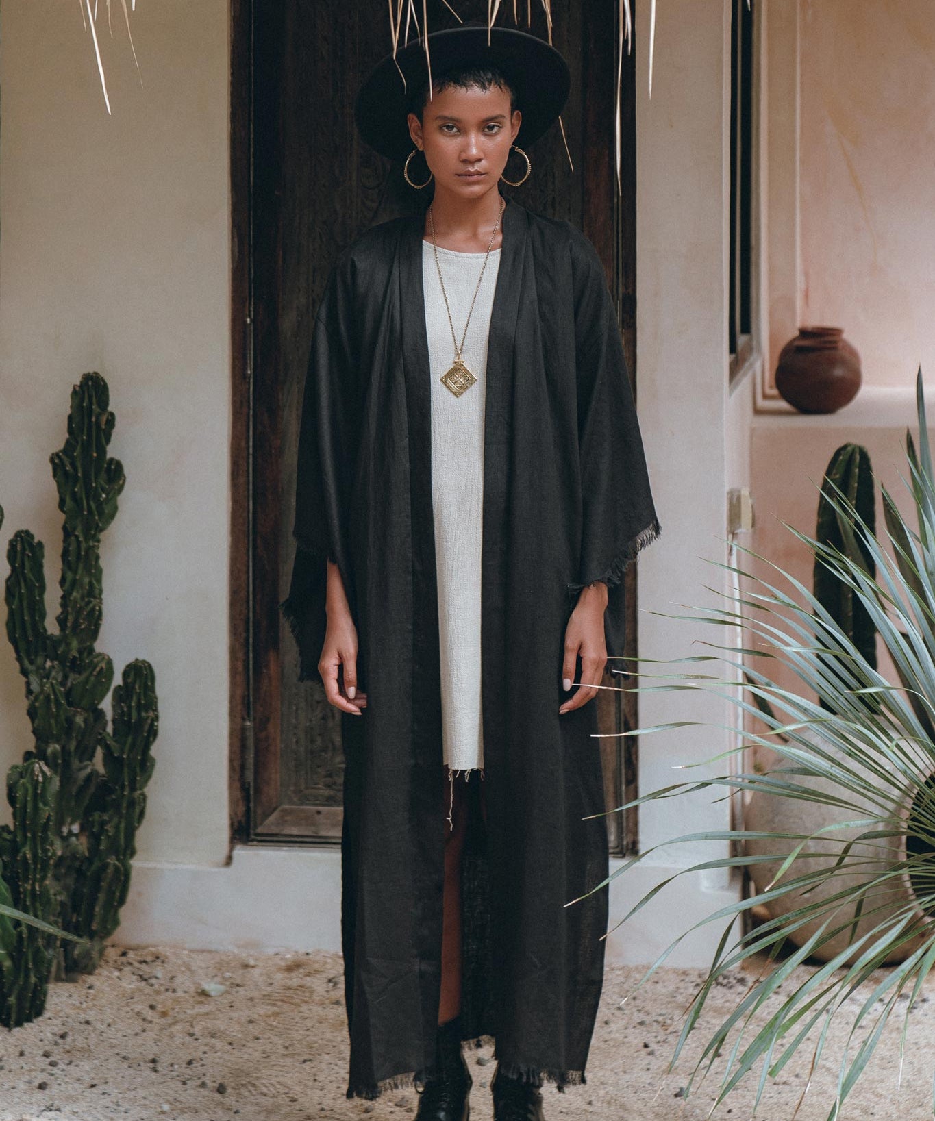 Boho Cover Up • Wide Sleeve Bohemian Cardigan • Black Linen Kimono Robe - AYA Sacred Wear