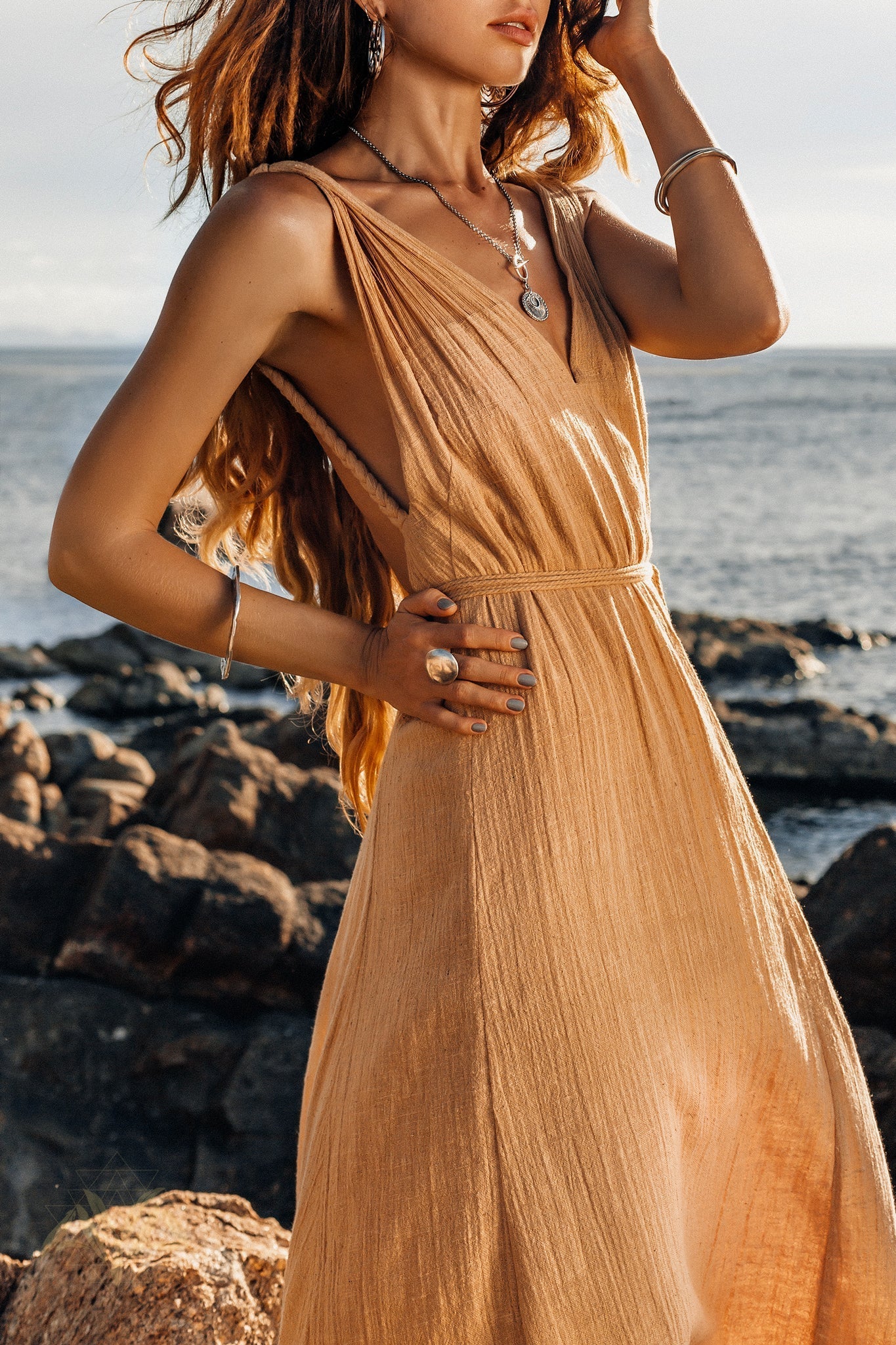 Boho Dress for Woman • Long Maxi Bohemian Dress • Beige Sandal Organic Dress - AYA Sacred Wear