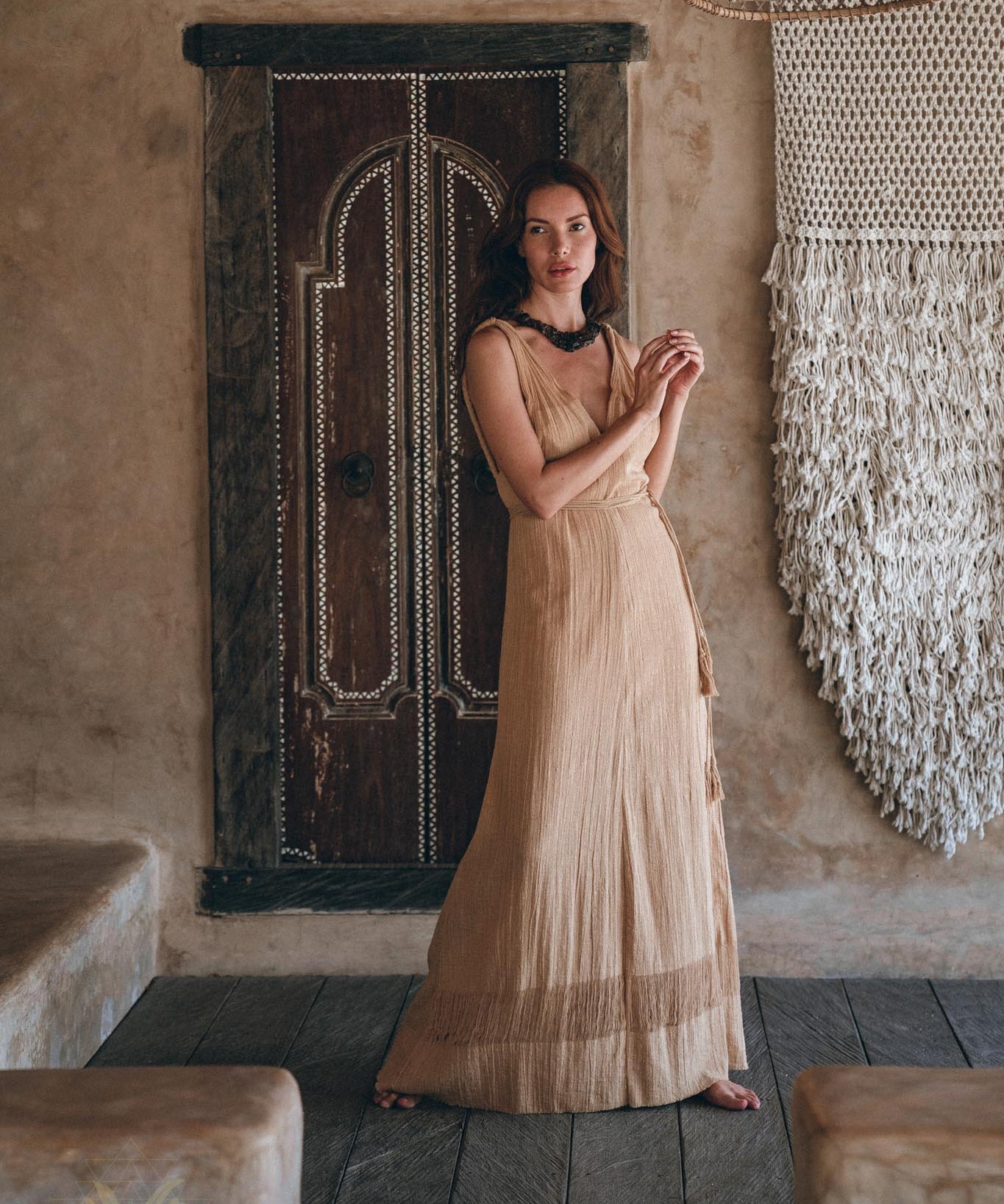 Boho Dress for Woman • Long Maxi Bohemian Dress • Beige Sandal Organic Dress - AYA Sacred Wear