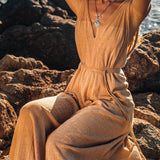 Boho Dress for Woman • Long Maxi Bohemian Dress • Beige Sandal Organic Dress - AYA Sacred Wear