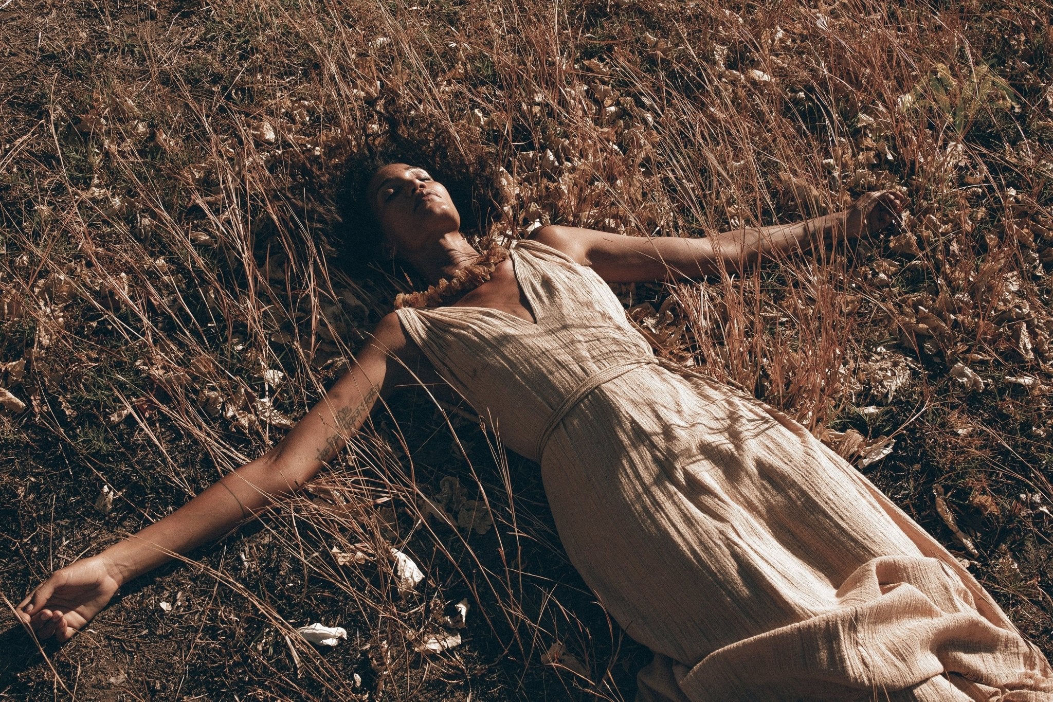 Boho Dress for Woman • Long Maxi Bohemian Dress • Beige Sandal Organic Dress - AYA Sacred Wear