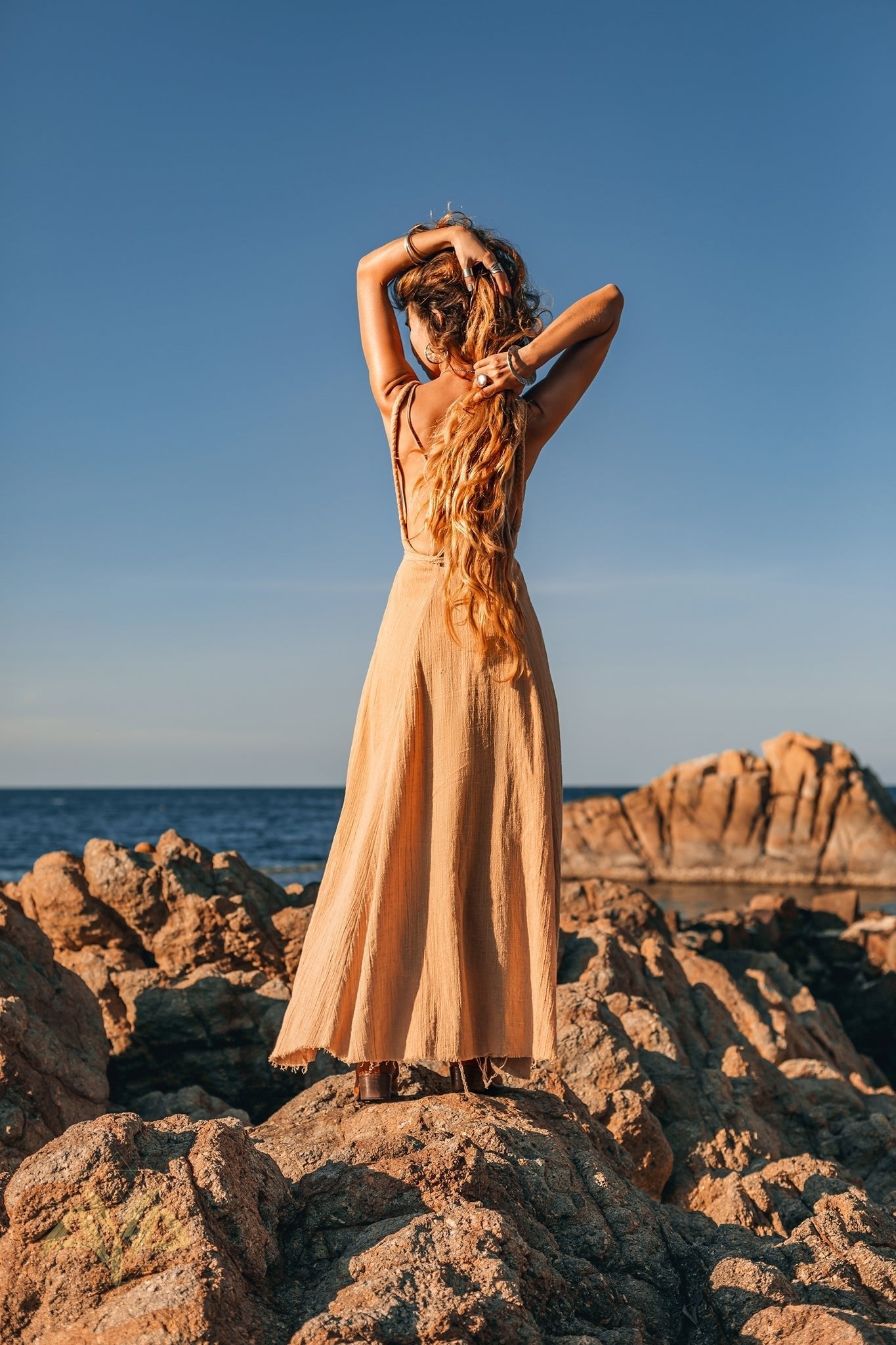 Boho Dress for Woman • Long Maxi Bohemian Dress • Beige Sandal Organic Dress - AYA Sacred Wear