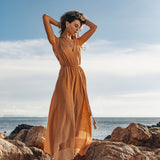 Boho Dress for Woman • Long Maxi Bohemian Dress • Beige Sandal Organic Dress - AYA Sacred Wear