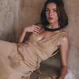 Boho Dress for Woman • Long Maxi Bohemian Dress • Beige Sandal Organic Dress - AYA Sacred Wear