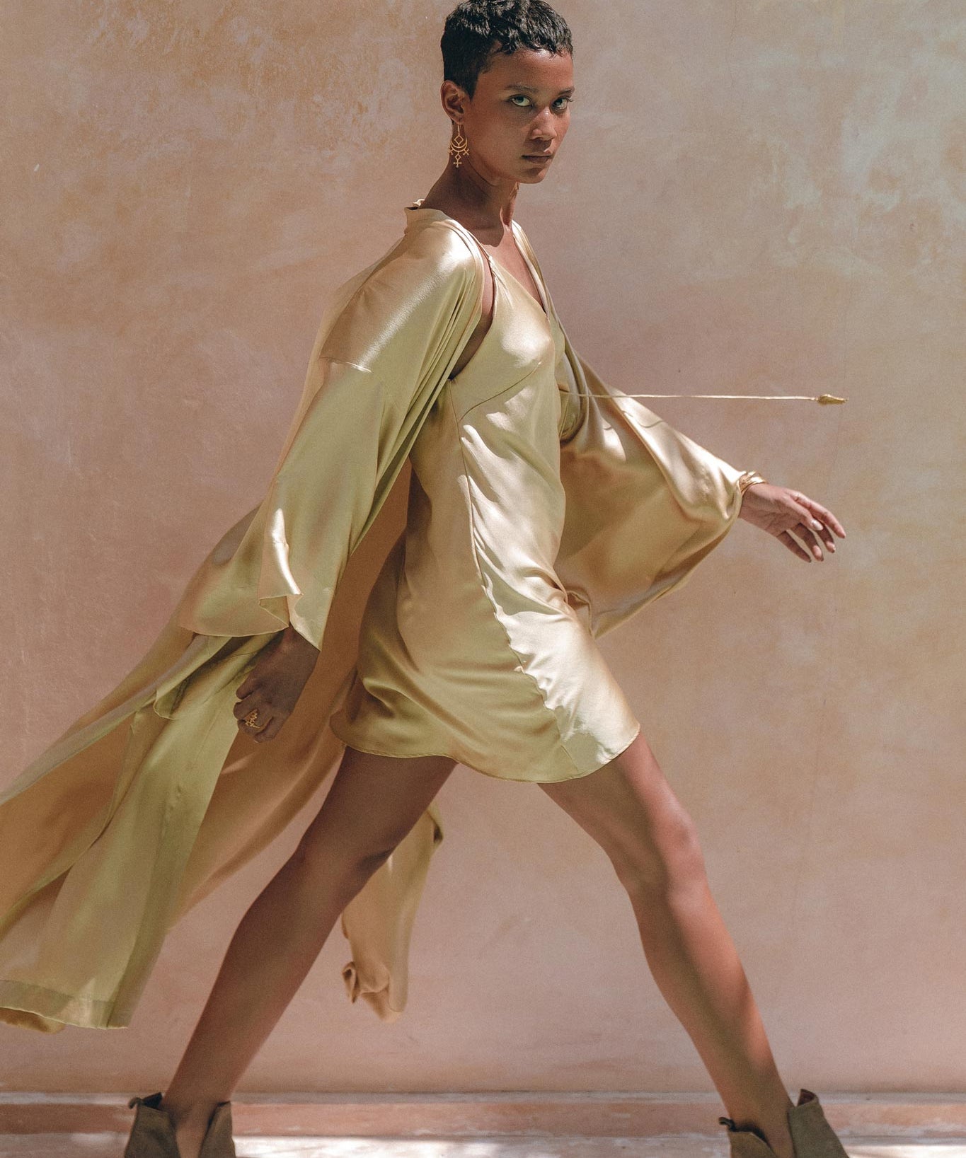 Boho Golden Silk Kimono Cover Up • Wide Sleeve Bohemian Cardigan - AYA Sacred Wear