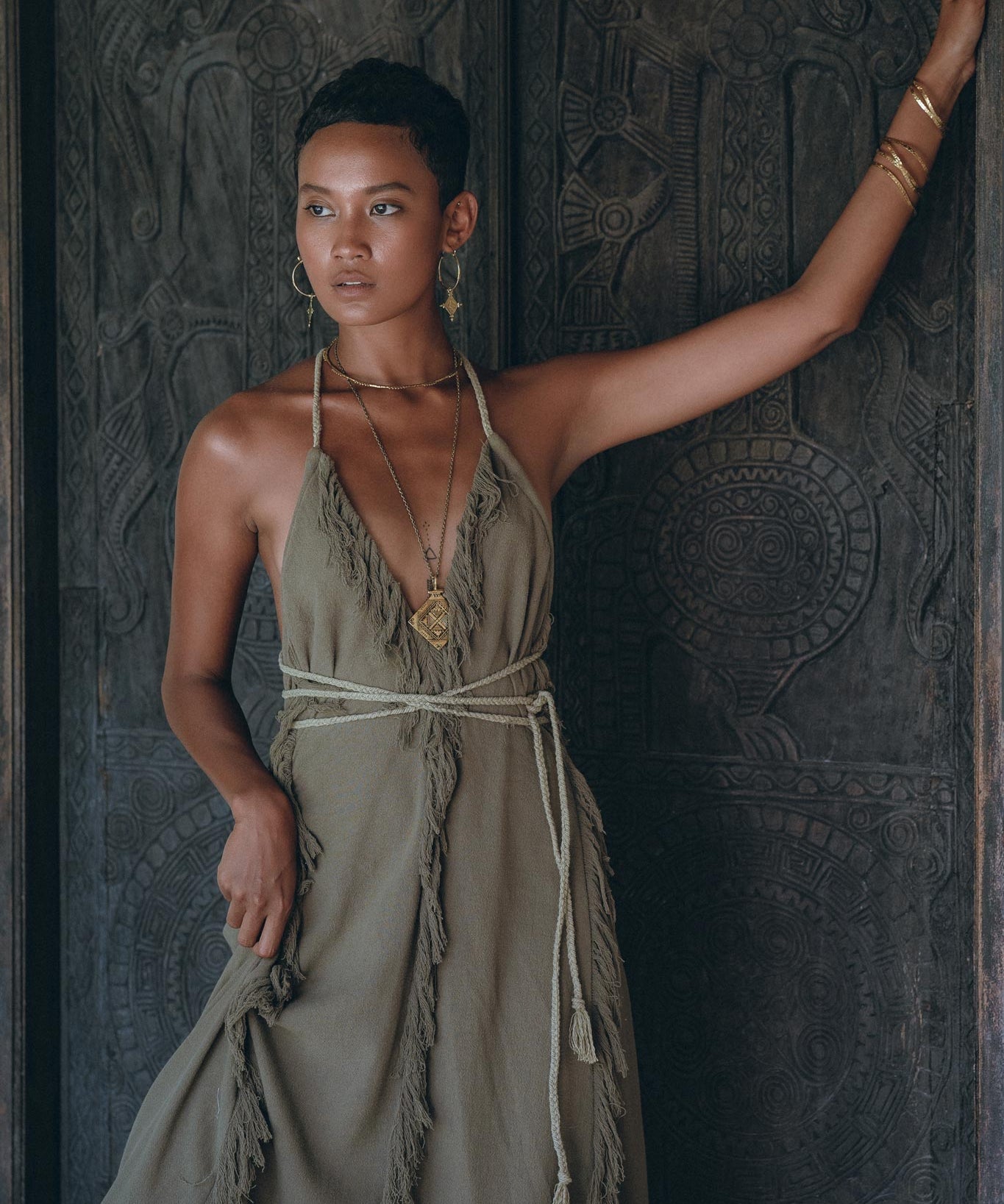 Boho Maxi Dress for Women • Organic Cotton Sage Colour Goddess Dress - AYA Sacred Wear