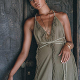 Boho Maxi Dress for Women • Organic Cotton Sage Colour Goddess Dress - AYA Sacred Wear