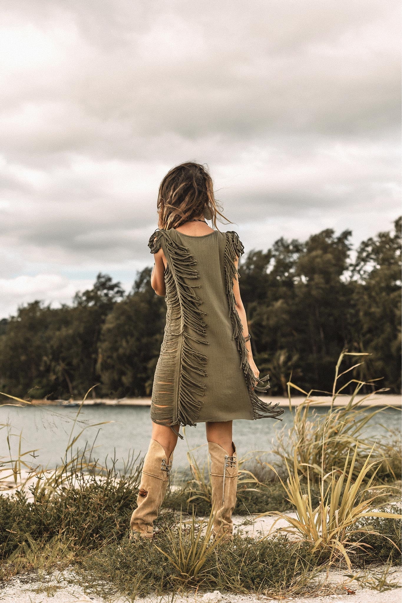 Boho Open Sides Dress • Dark Green Dress • Ladders Sides Mini Dress - AYA Sacred Wear