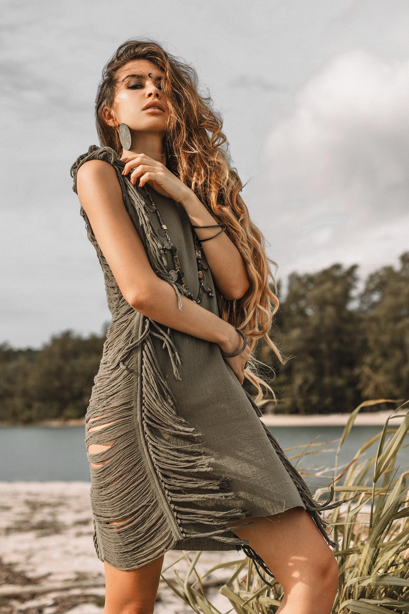 Boho Open Sides Dress • Dark Green Dress • Ladders Sides Mini Dress - AYA Sacred Wear