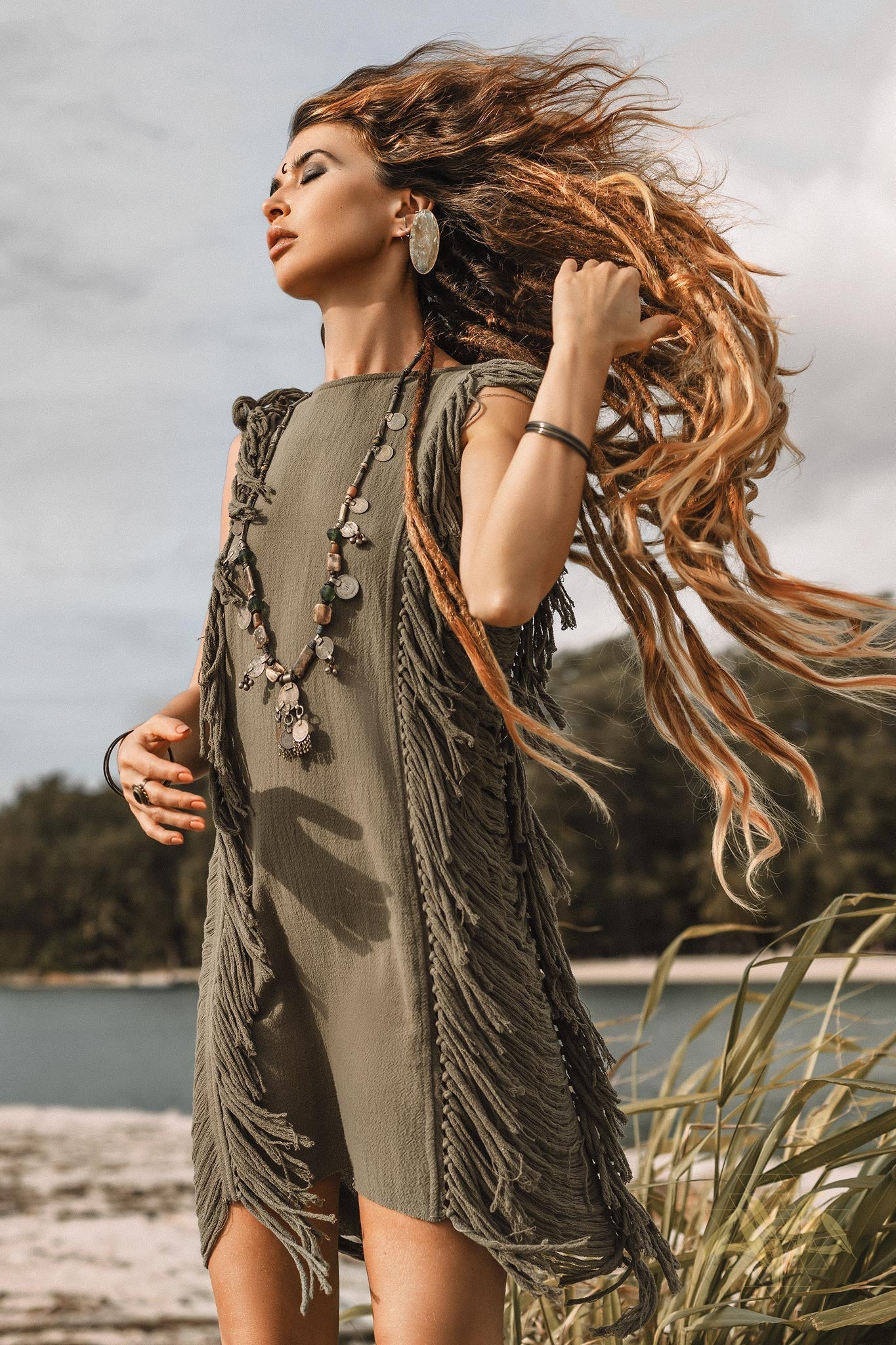 Boho Open Sides Dress • Dark Green Dress • Ladders Sides Mini Dress - AYA Sacred Wear