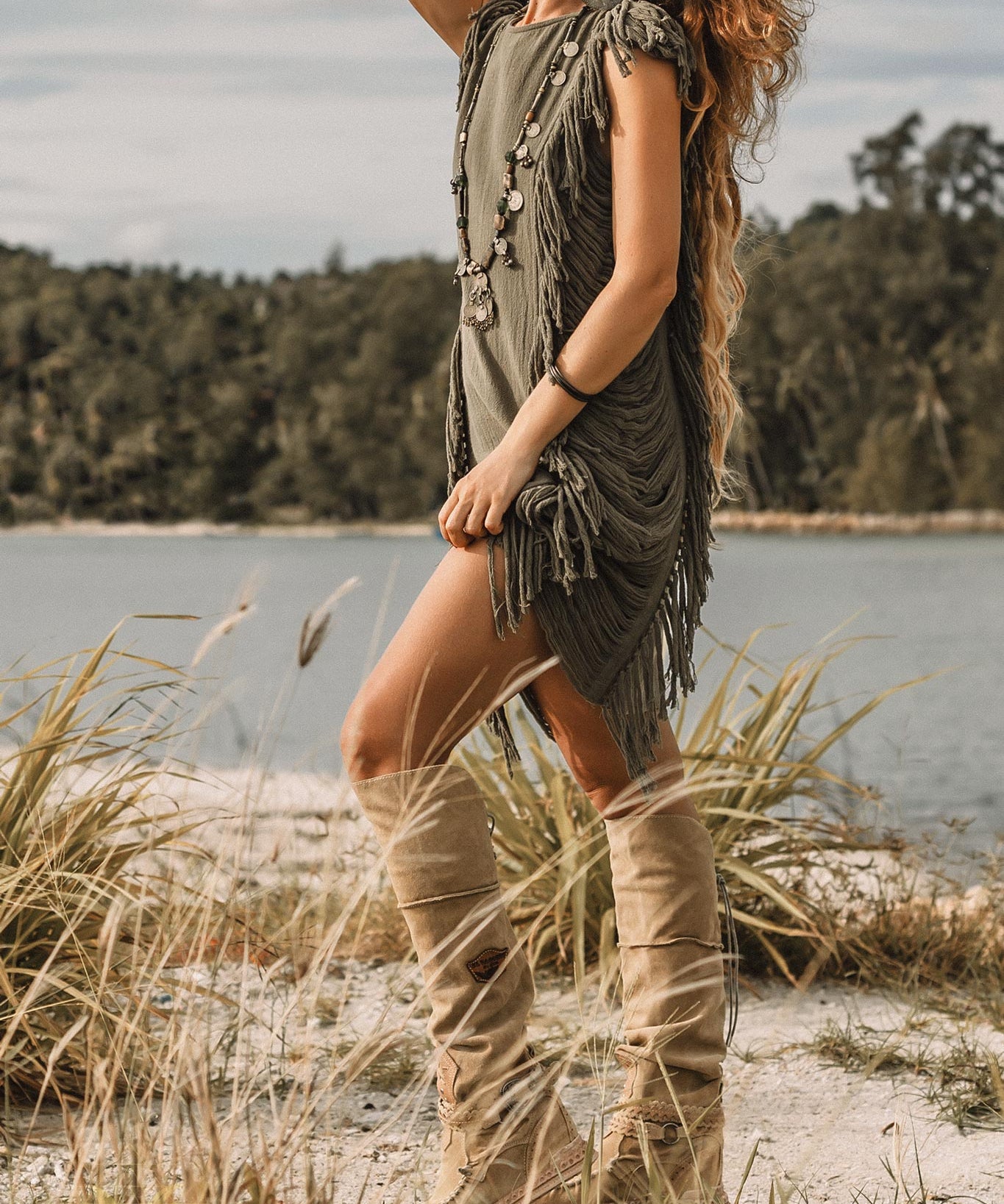 Boho Open Sides Dress • Dark Green Dress • Ladders Sides Mini Dress - AYA Sacred Wear