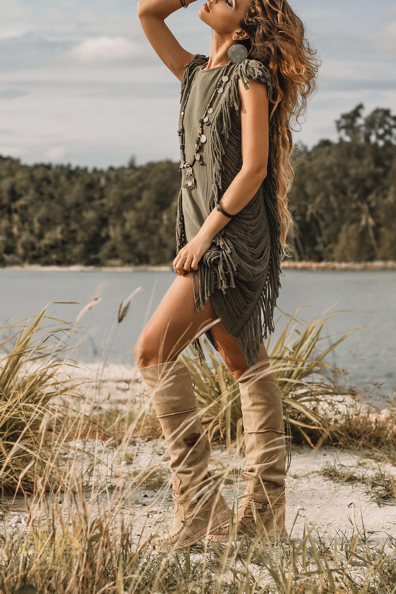 Boho Open Sides Dress • Dark Green Dress • Ladders Sides Mini Dress - AYA Sacred Wear