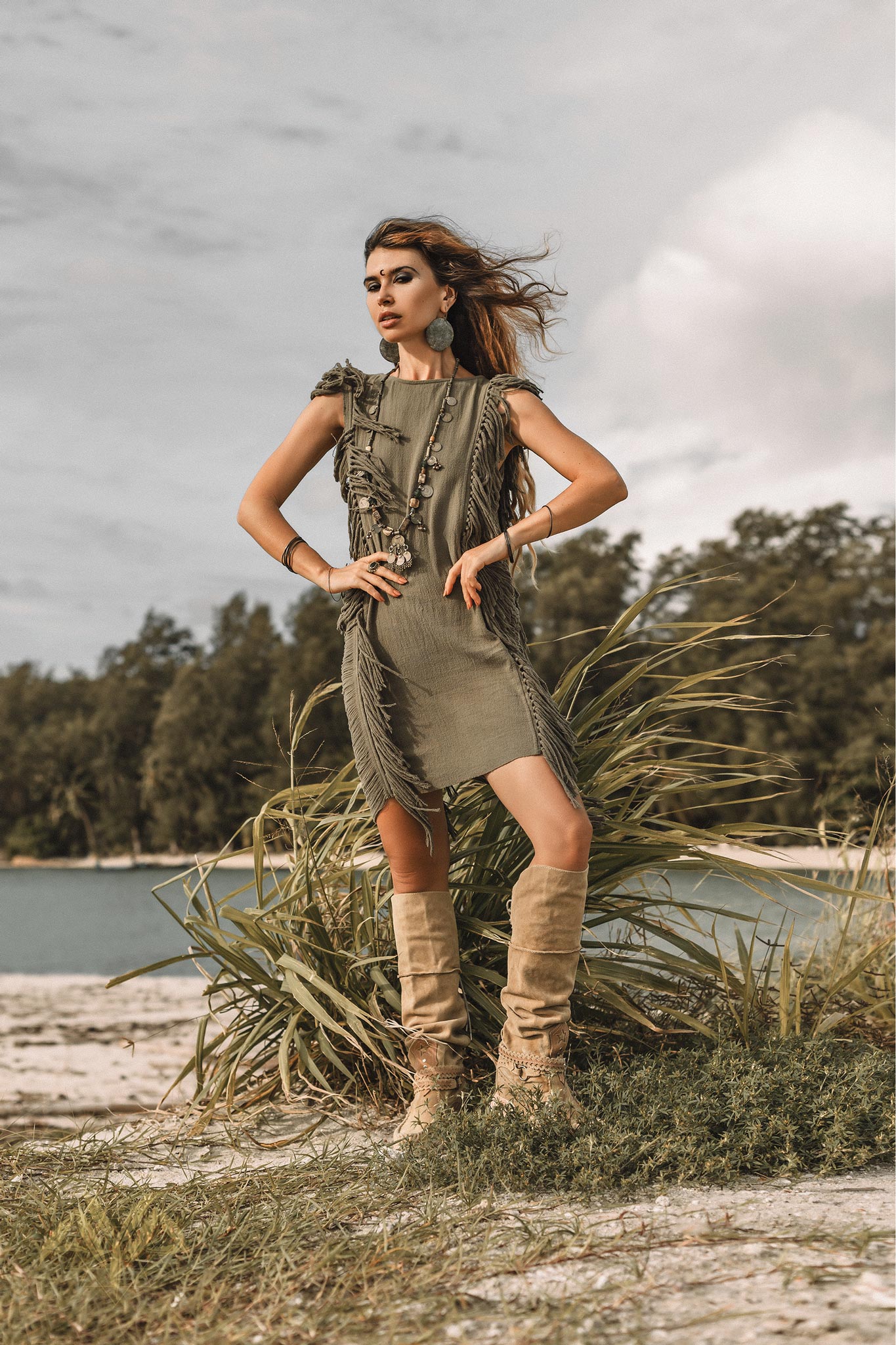 Boho Open Sides Dress • Dark Green Dress • Ladders Sides Mini Dress - AYA Sacred Wear
