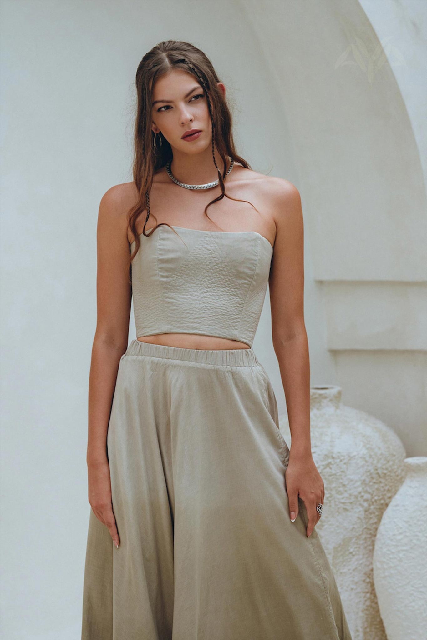 Boho Top Corset and Skirt Women • Sage Green Summer Crop Top Skirt - AYA Sacred Wear