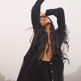 Boho-inspired black shirt dress for women - a masterpiece of organic cotton and silk chiffon!