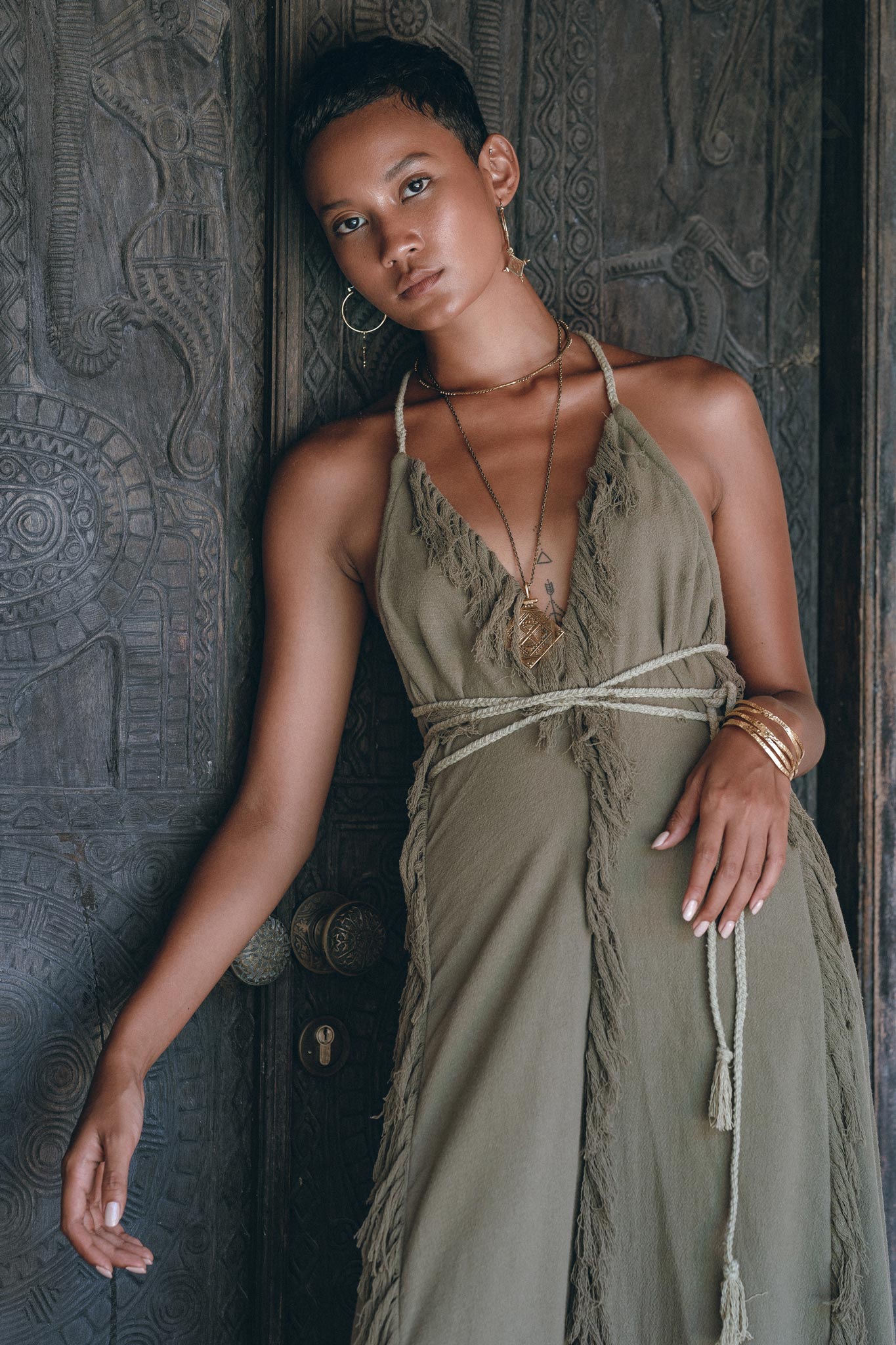 Boho Maxi Dress for Women, Organic Cotton Sage Colour Goddess Dress - AYA Sacred Wear