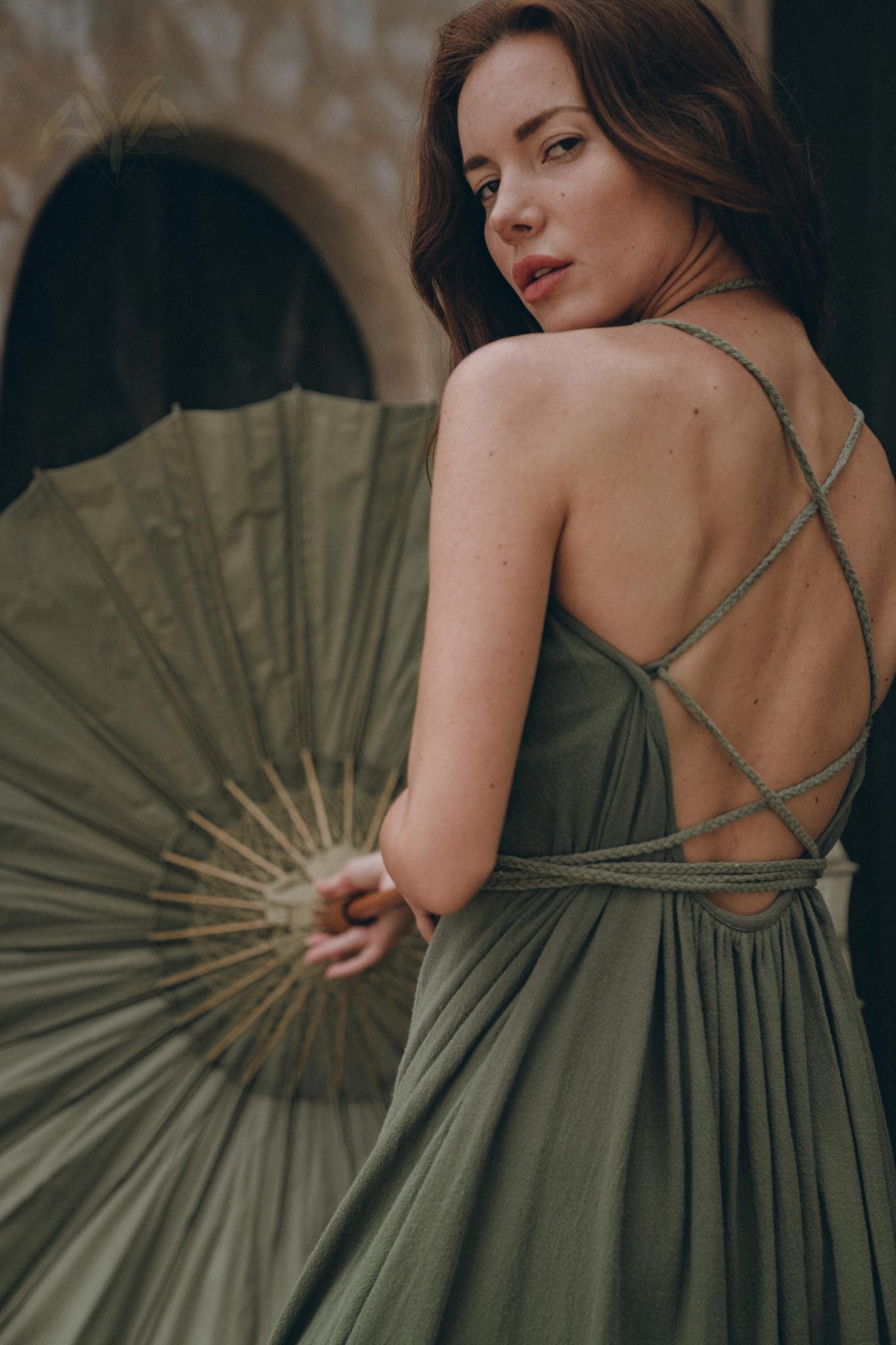 Green Organic Dress, Boho Bridesmaid Dress, Hand Loomed Bohemian Dress Open Back - AYA Sacred Wear