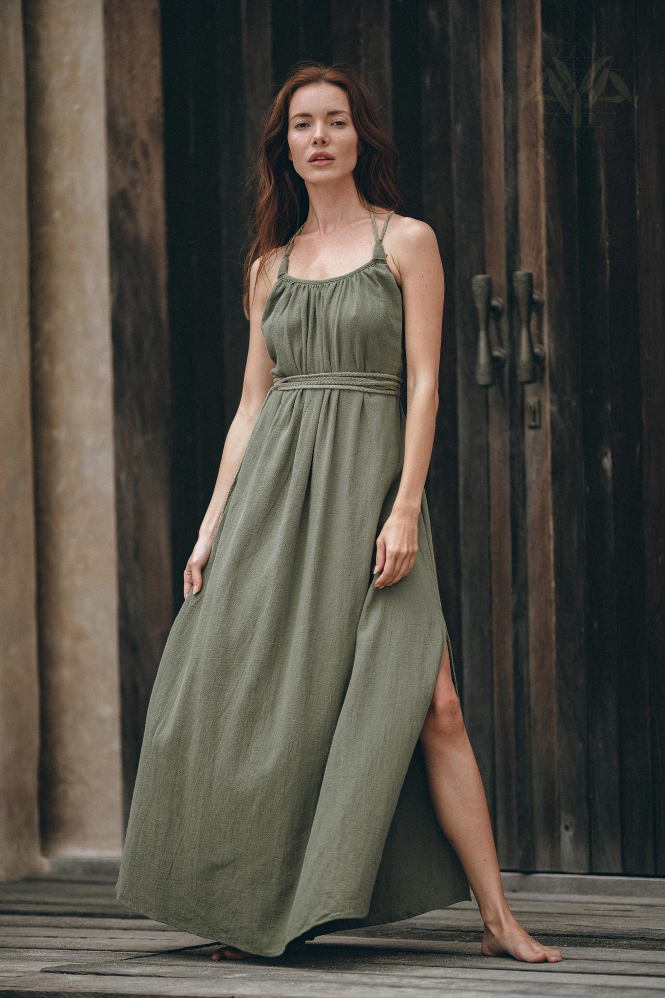 Green Organic Dress, Boho Bridesmaid Dress, Hand Loomed Bohemian Dress Open Back - AYA Sacred Wear