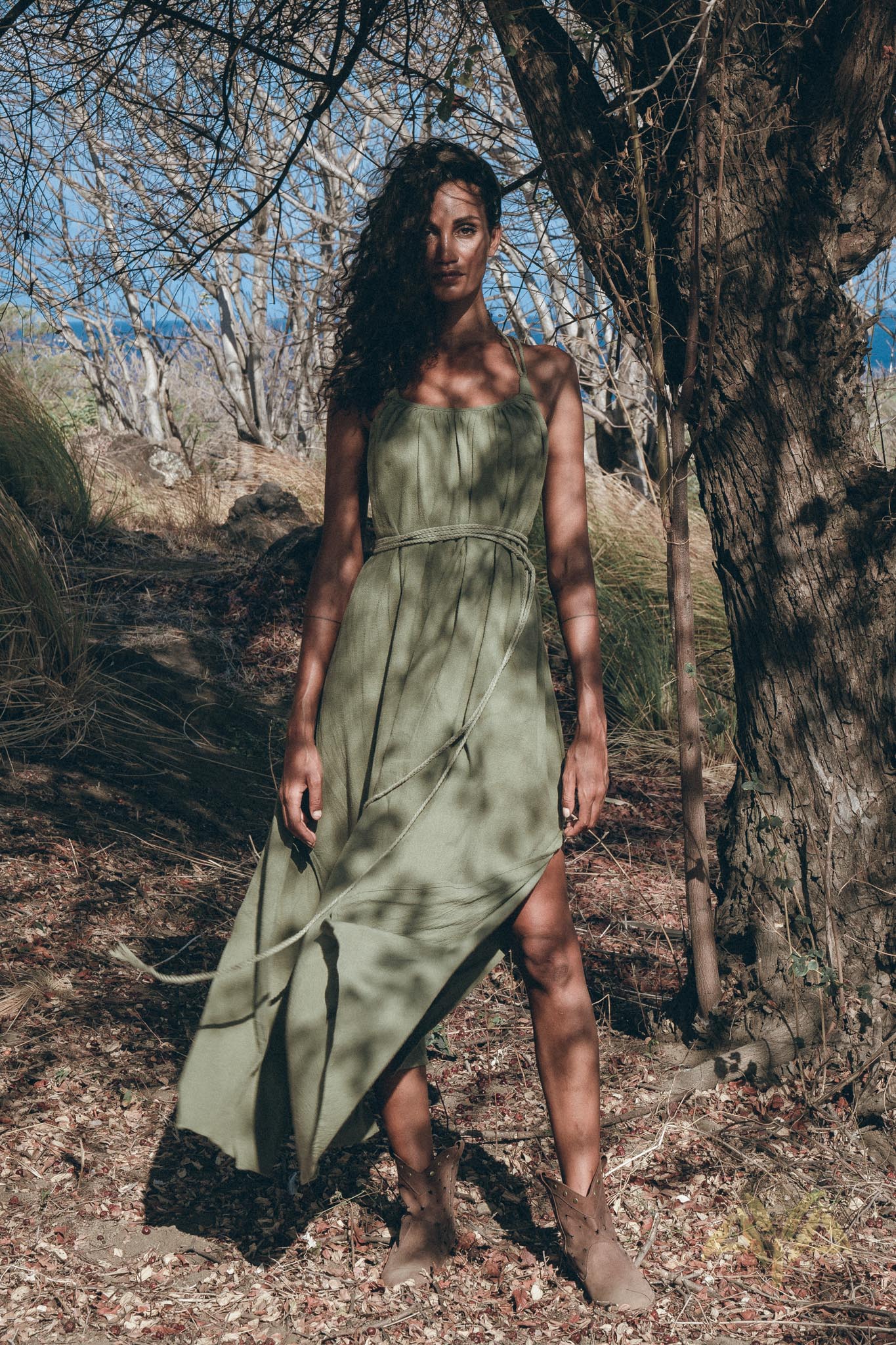 Green Organic Dress, Boho Bridesmaid Dress, Hand Loomed Bohemian Dress Open Back - AYA Sacred Wear