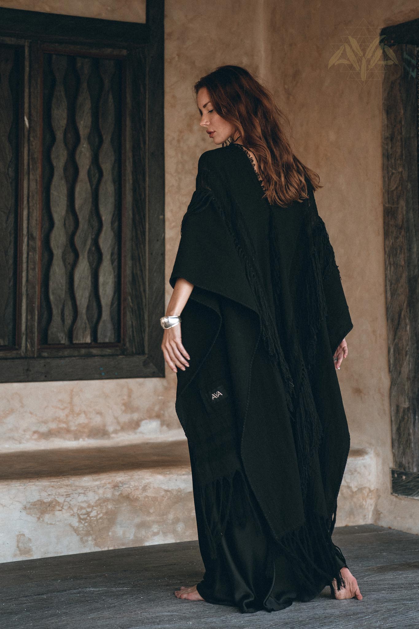 Black Boho Poncho, Long Poncho Robe Cardigan, Bridal Cover Up Cardigan - AYA Sacred Wear