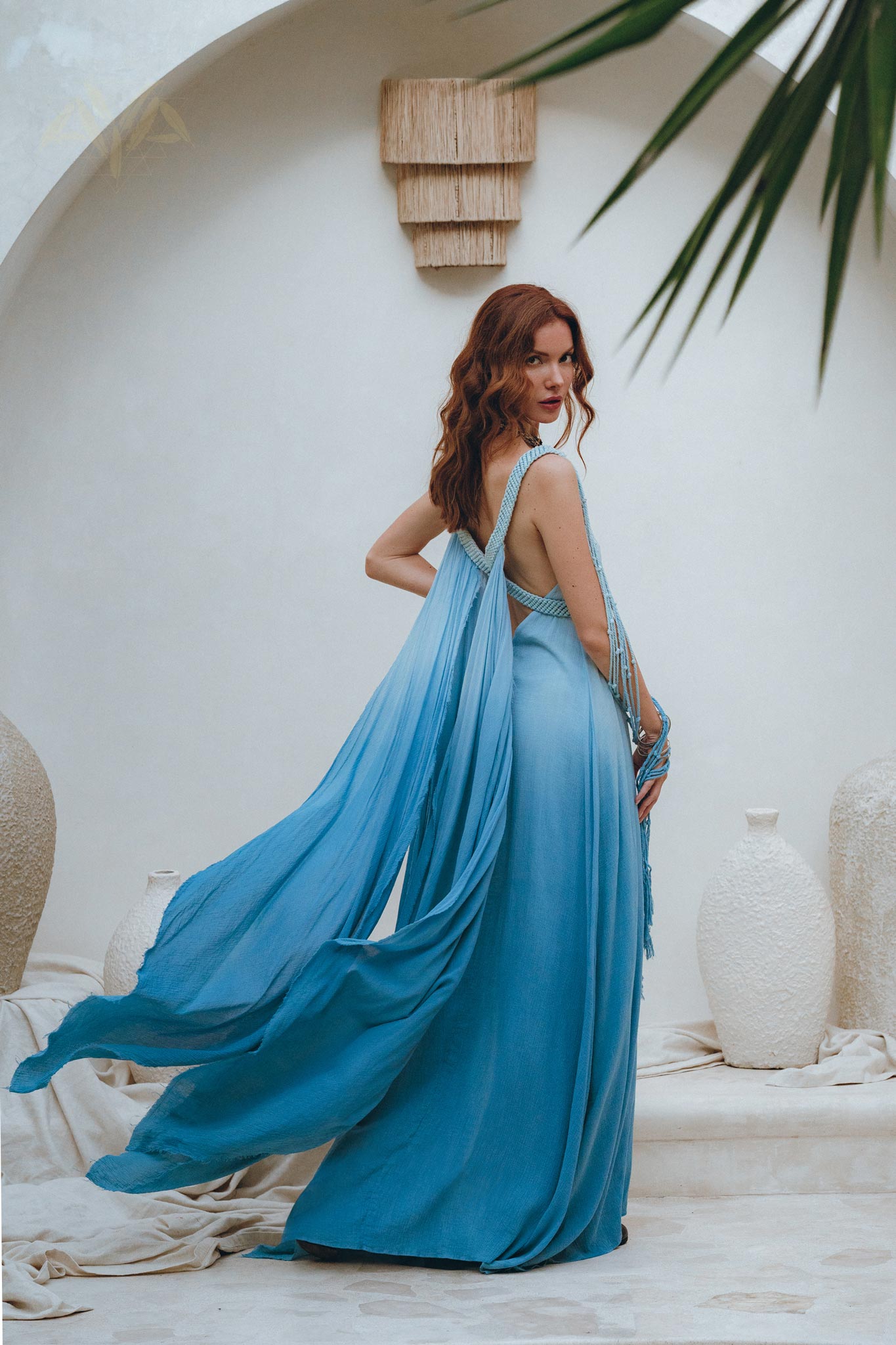 Boho Macrame Bridesmaid Dress, Off-White to Sky Blue Multiway Dress - AYA Sacred Wear