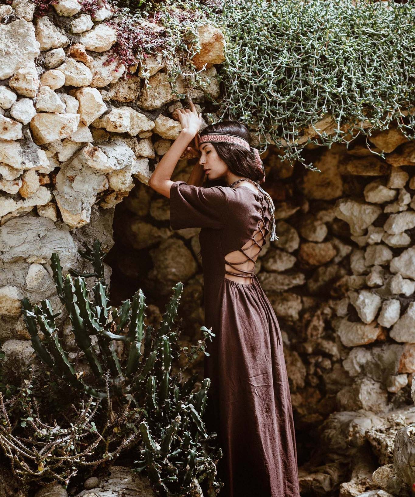Brown Organic Cotton Boho Dress with Half Sleeves - AYA Sacred Wear