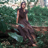 Brown Organic Linen Goddess Dress with V - shape Open Back - AYA Sacred Wear