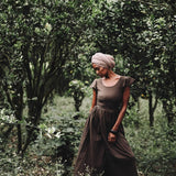 Brown Organic Linen Goddess Dress with V - shape Open Back - AYA Sacred Wear