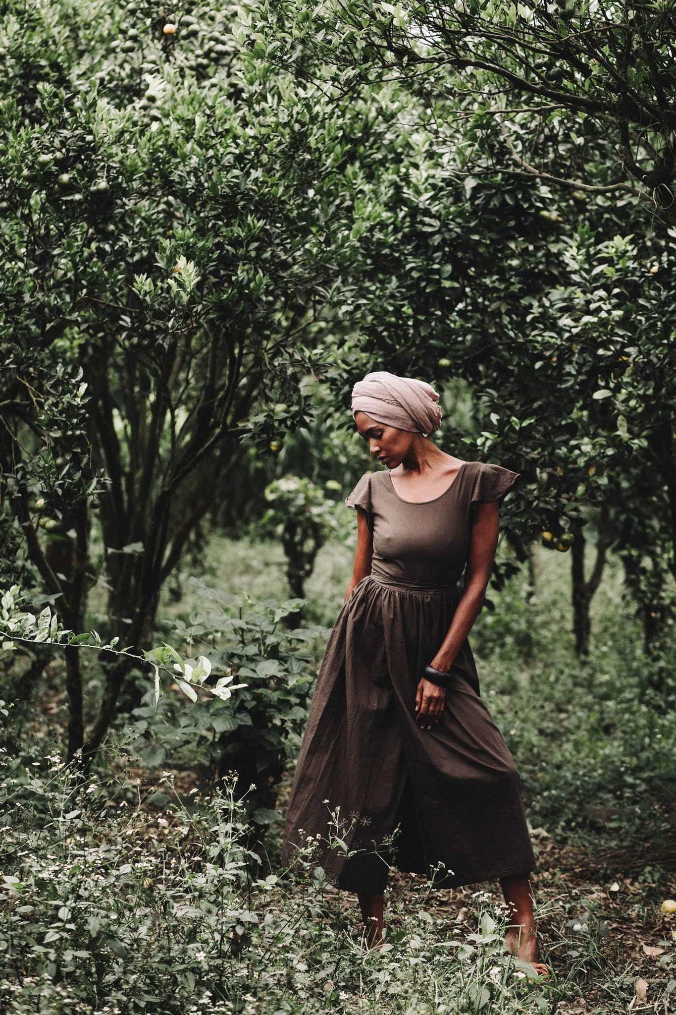Brown Organic Linen Goddess Dress with V - shape Open Back - AYA Sacred Wear