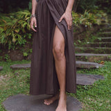 Brown Organic Linen Goddess Dress with V - shape Open Back - AYA Sacred Wear