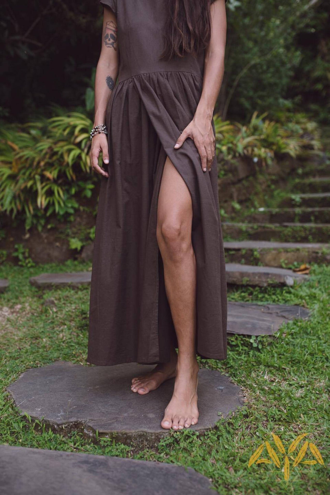 Brown Organic Linen Goddess Dress with V - shape Open Back - AYA Sacred Wear
