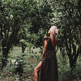 Brown Organic Linen Goddess Dress with V - shape Open Back - AYA Sacred Wear