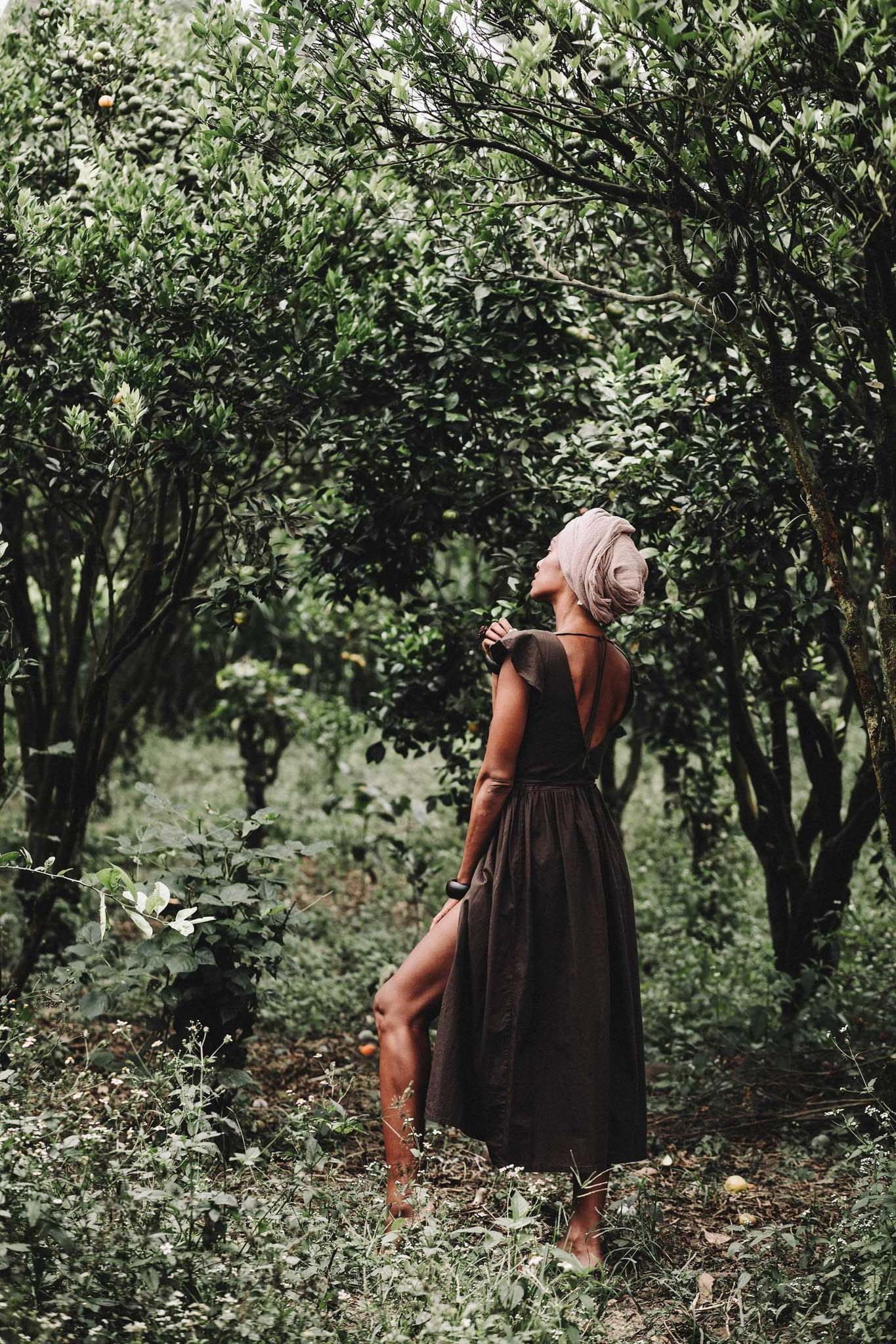Brown Organic Linen Goddess Dress with V - shape Open Back - AYA Sacred Wear