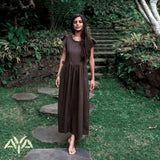 Brown Organic Linen Goddess Dress with V - shape Open Back - AYA Sacred Wear