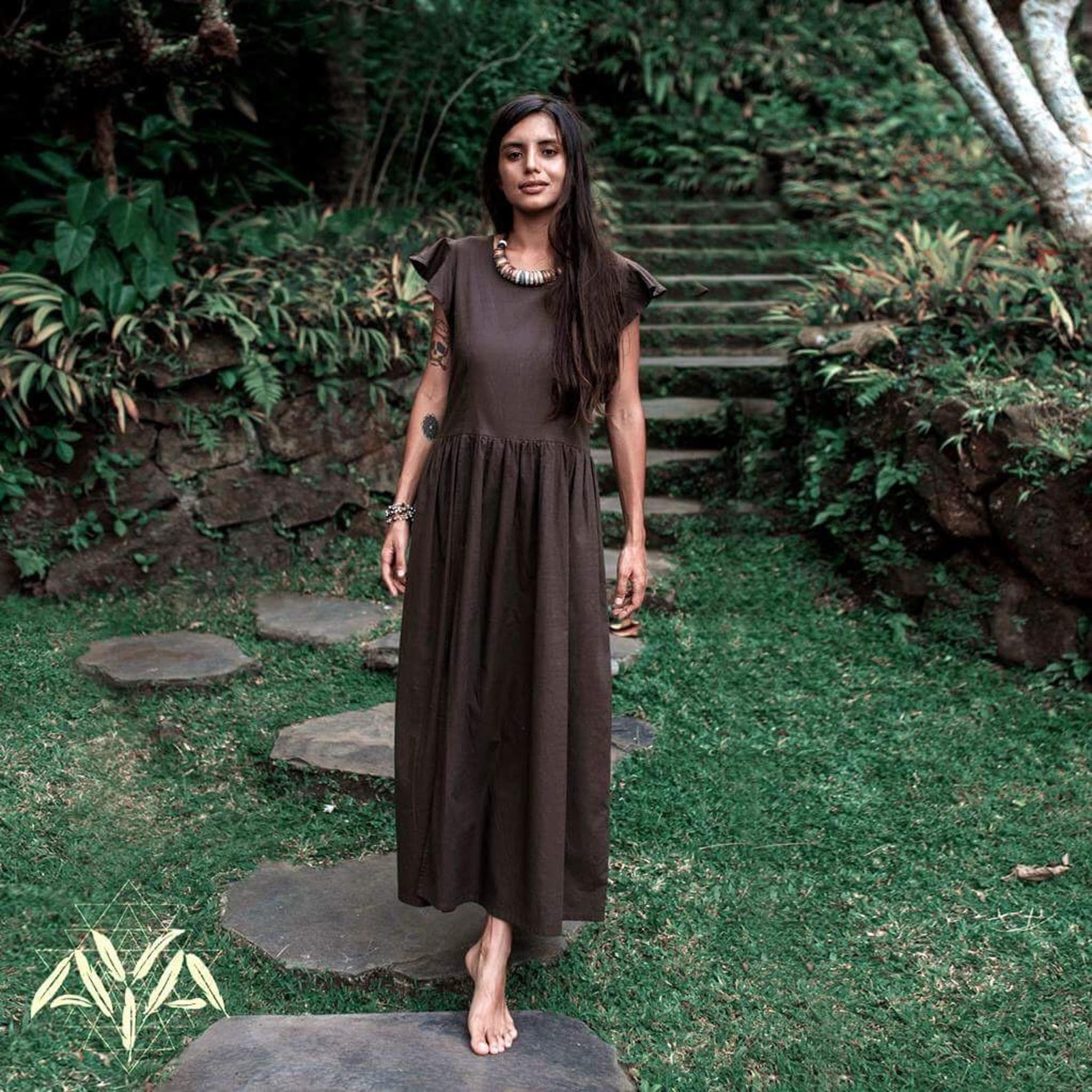 Brown Organic Linen Goddess Dress with V - shape Open Back - AYA Sacred Wear