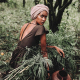Brown Organic Linen Goddess Dress with V - shape Open Back - AYA Sacred Wear