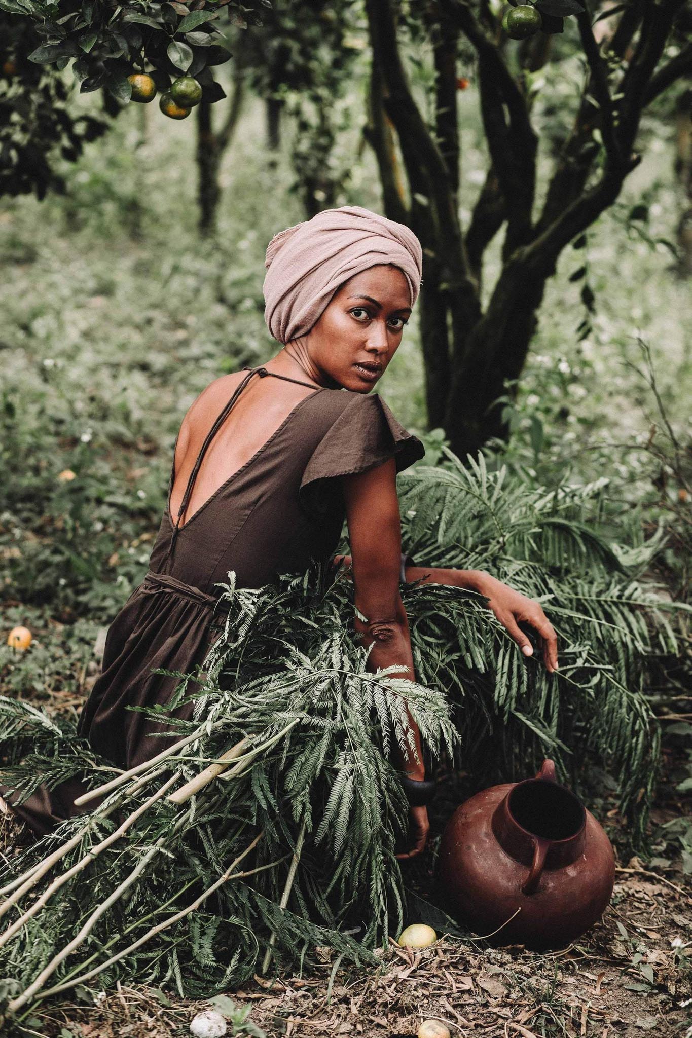 Brown Organic Linen Goddess Dress with V - shape Open Back - AYA Sacred Wear