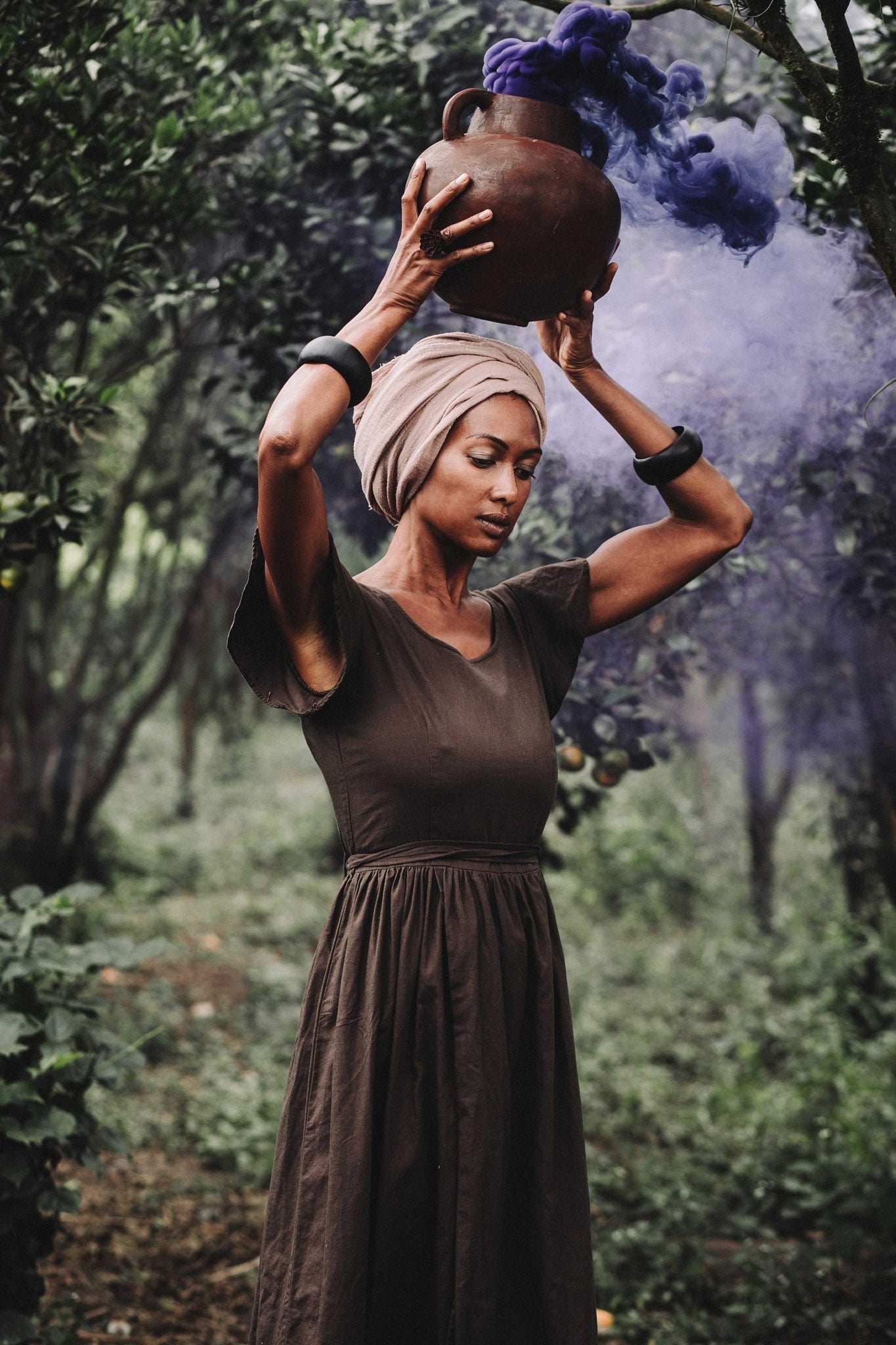 Brown Organic Linen Goddess Dress with V - shape Open Back - AYA Sacred Wear