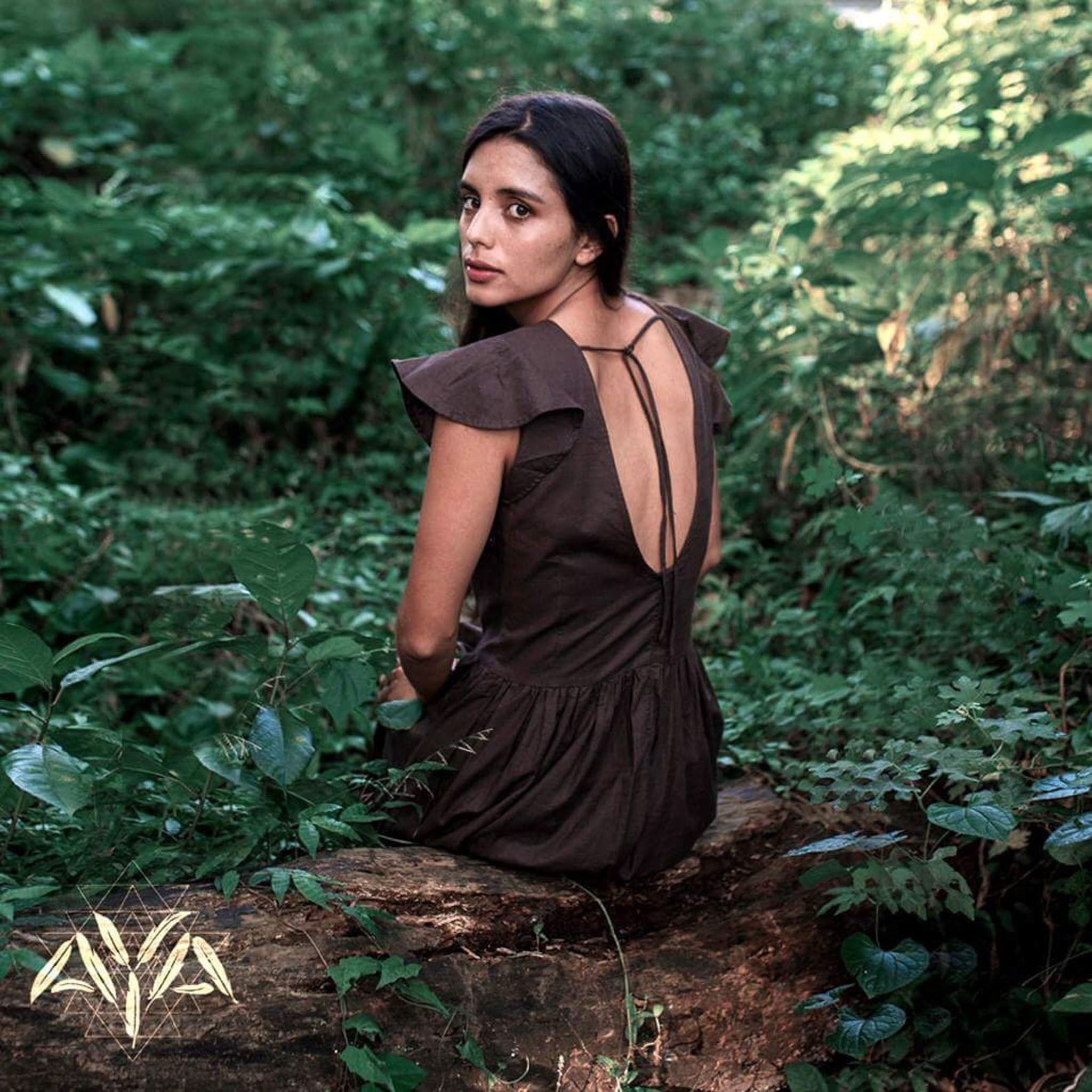 Brown Organic Linen Goddess Dress with V - shape Open Back - AYA Sacred Wear