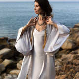 Celestial Blue silk maxi duster robe by AYA Sacred Wear. Premium plant-dyed peace silk ceremonial clothing