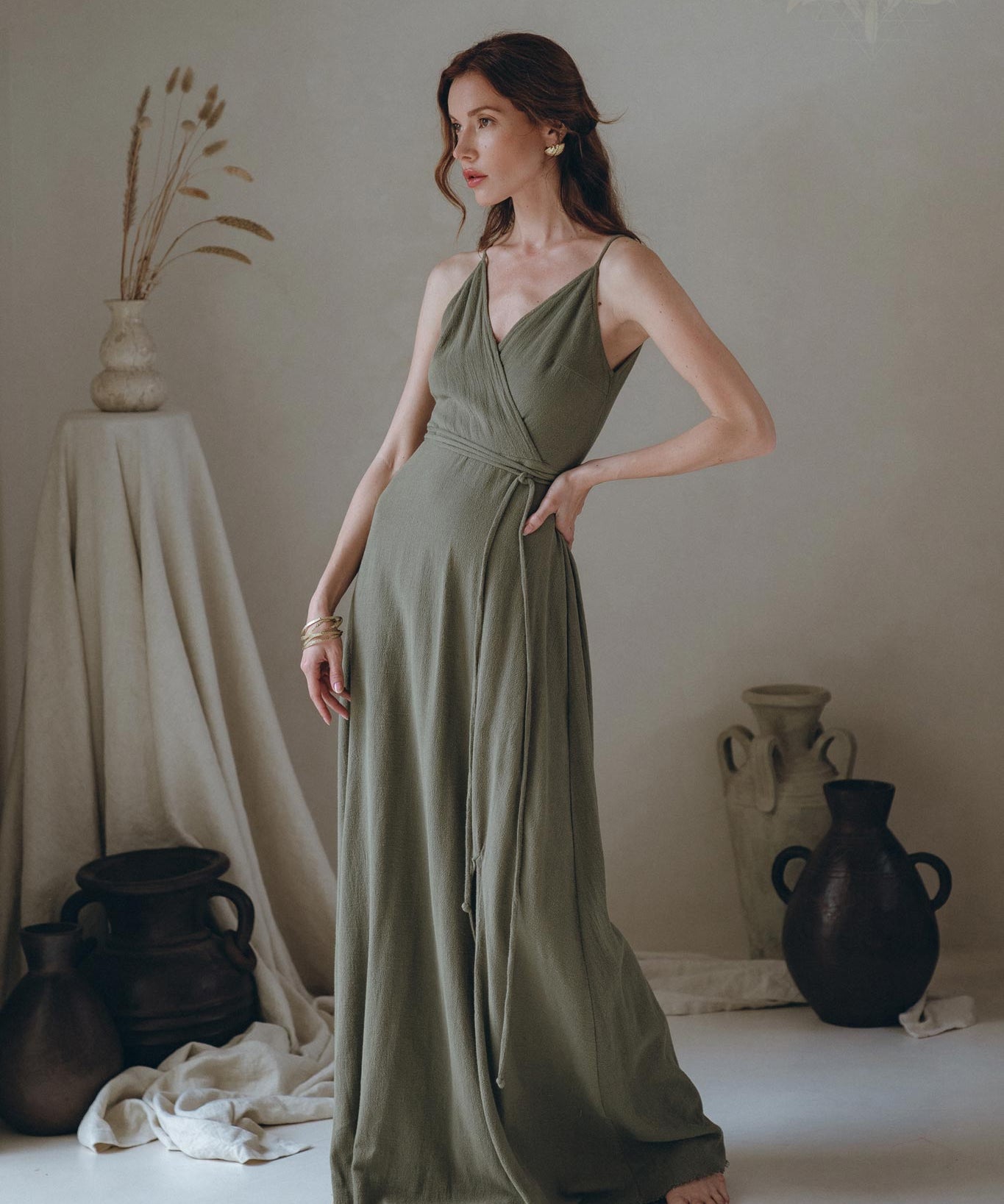 Cotton Boho Long Maxi Dress • Open Back Elegant Dress • Green Bridesmaid Dress - AYA Sacred Wear