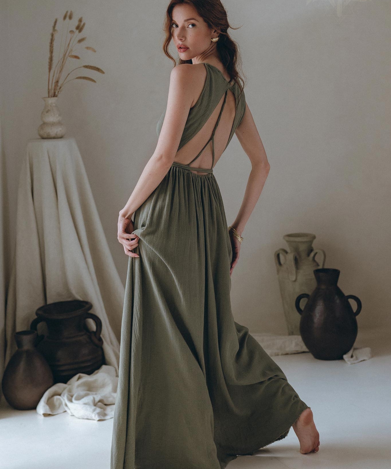Cotton Boho Long Maxi Dress • Open Back Elegant Dress • Green Bridesmaid Dress - AYA Sacred Wear