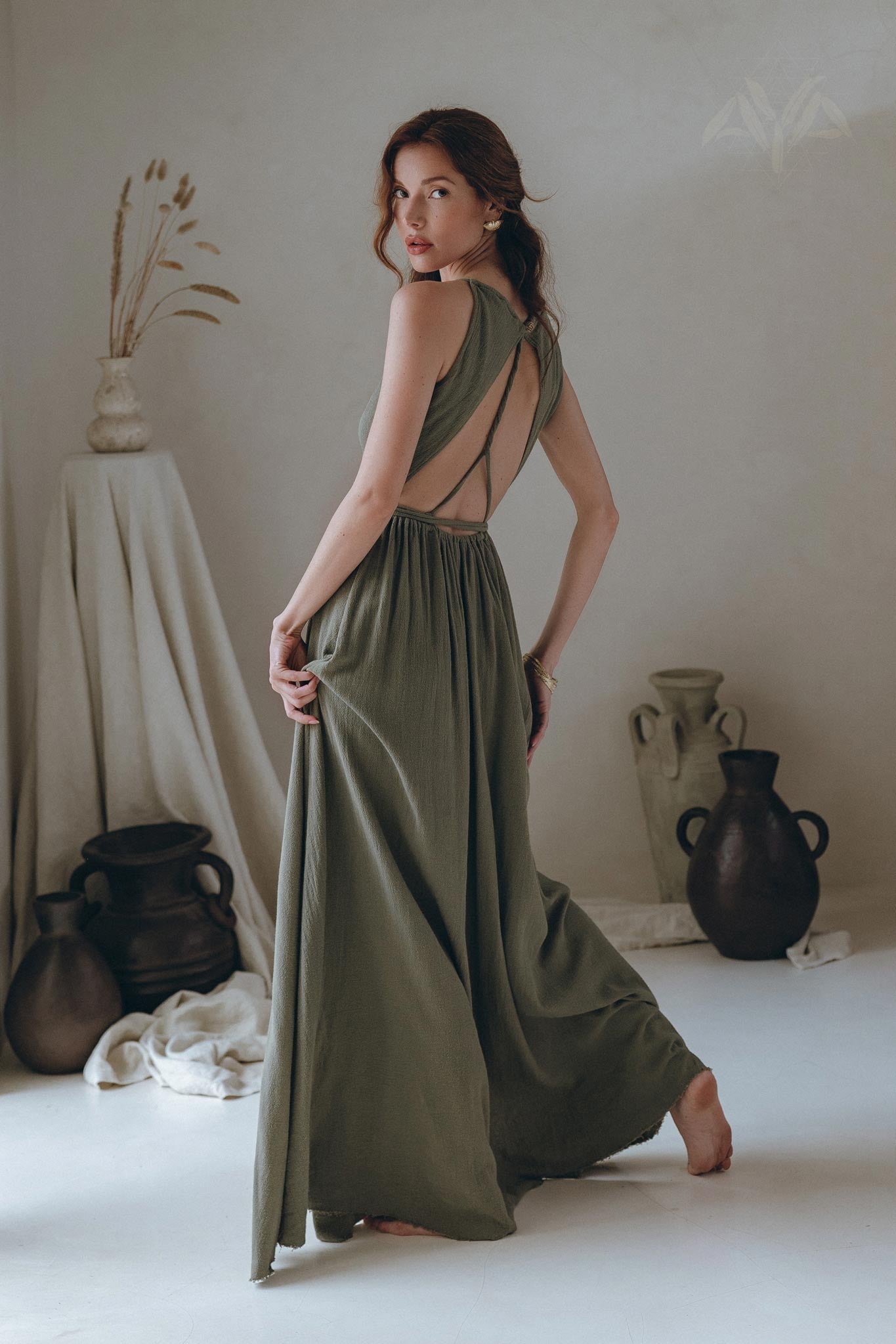Cotton Boho Long Maxi Dress • Open Back Elegant Dress • Green Bridesmaid Dress - AYA Sacred Wear