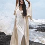 Cream Silk Kimono Cover Up • Wide Sleeve Bohemian Cardigan - AYA Sacred Wear