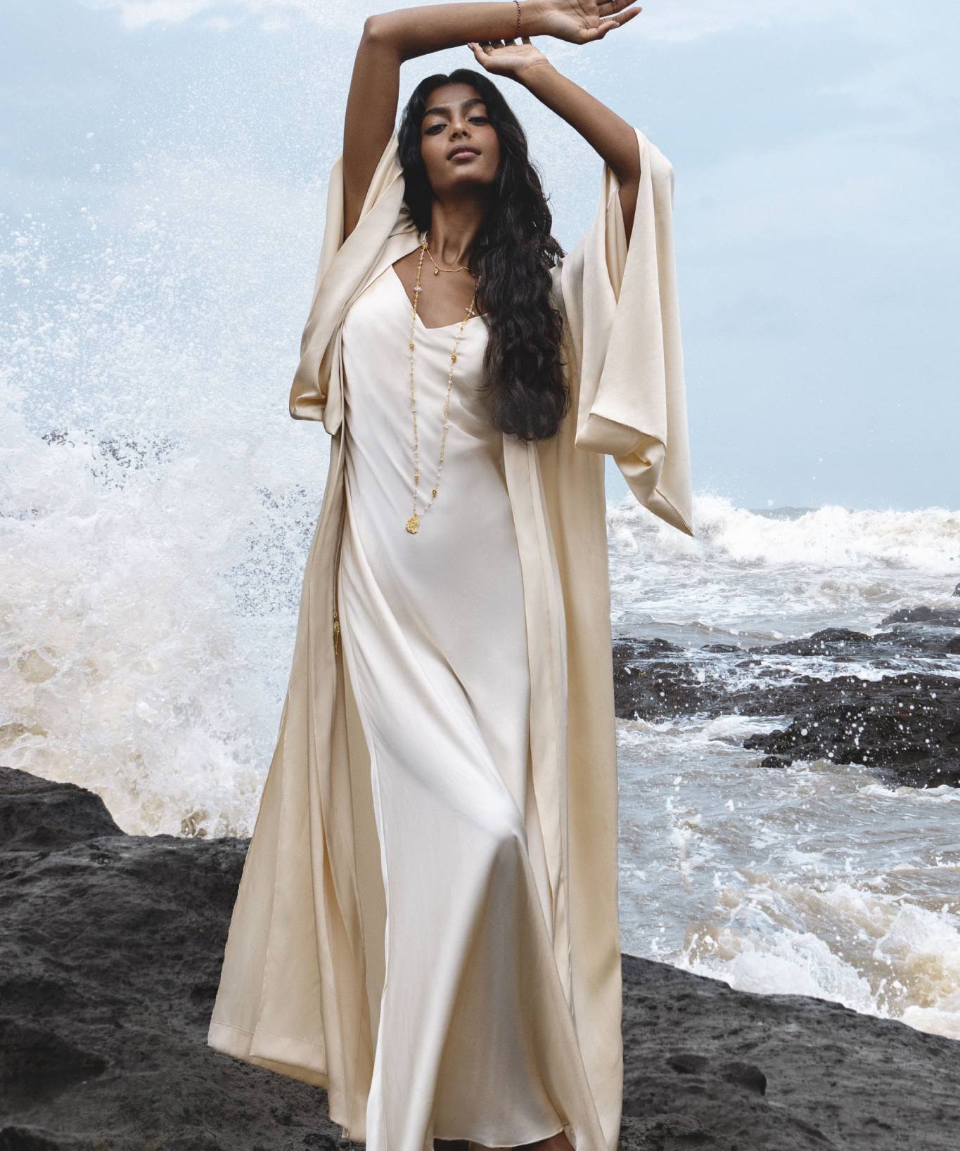 Cream Silk Kimono Cover Up • Wide Sleeve Bohemian Cardigan - AYA Sacred Wear