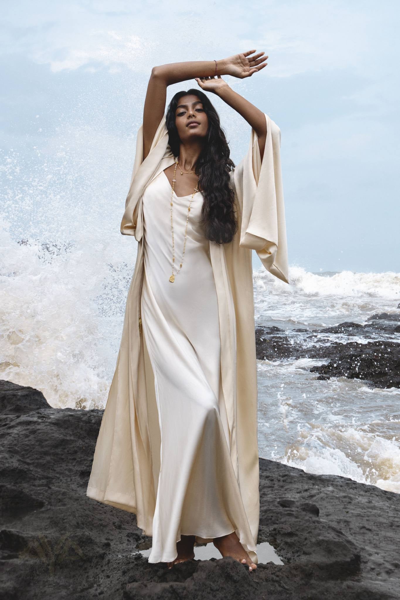 Cream Silk Kimono Cover Up • Wide Sleeve Bohemian Cardigan - AYA Sacred Wear