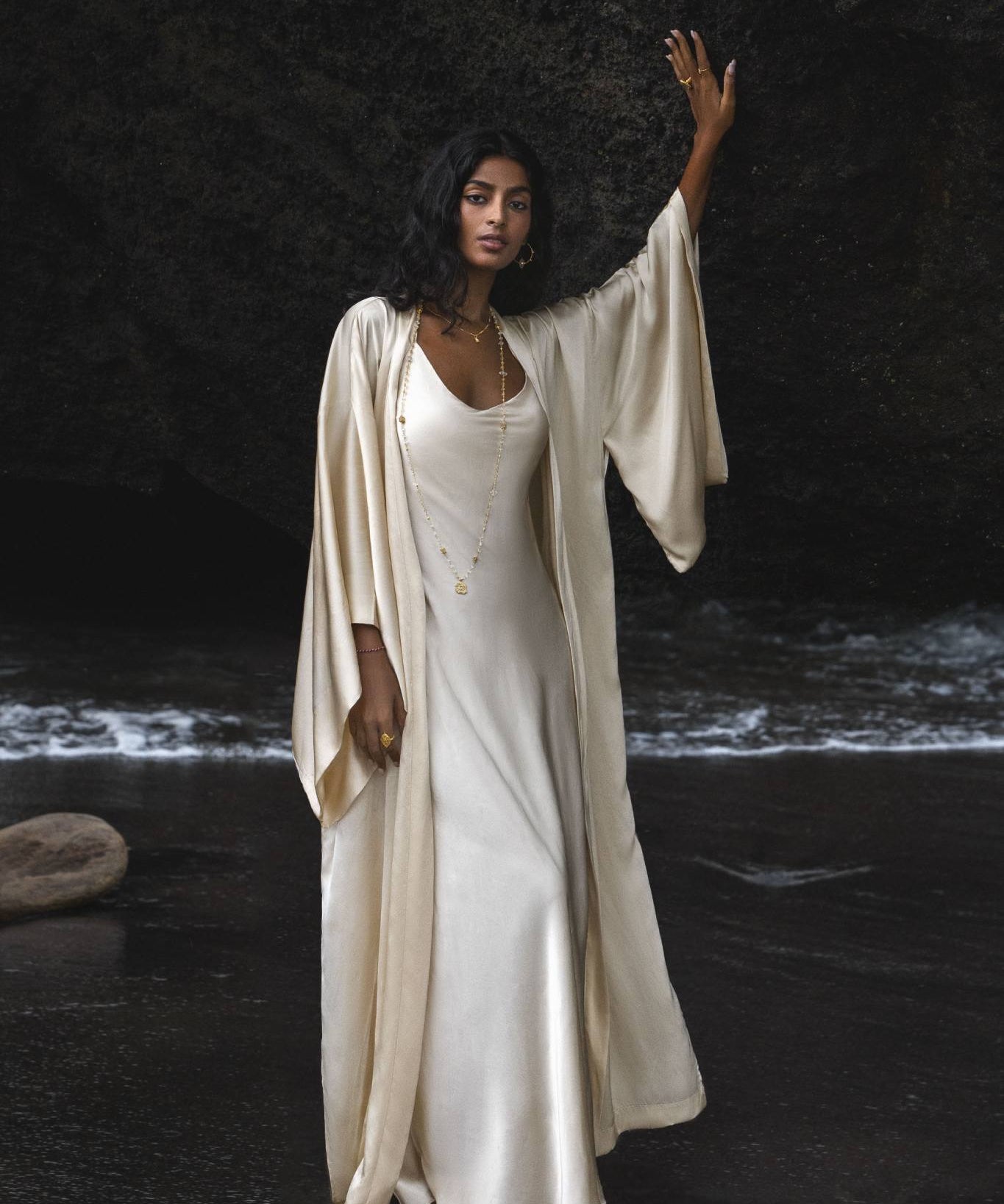 Cream Silk Kimono Cover Up • Wide Sleeve Bohemian Cardigan - AYA Sacred Wear