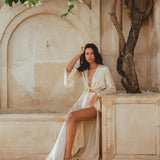 Cream Venus Peace Silk Blouse • Elegant Goddess Sleeves Crop Top • Kimono Blouse - AYA Sacred Wear