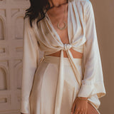 Cream Venus Peace Silk Blouse • Elegant Goddess Sleeves Crop Top • Kimono Blouse - AYA Sacred Wear