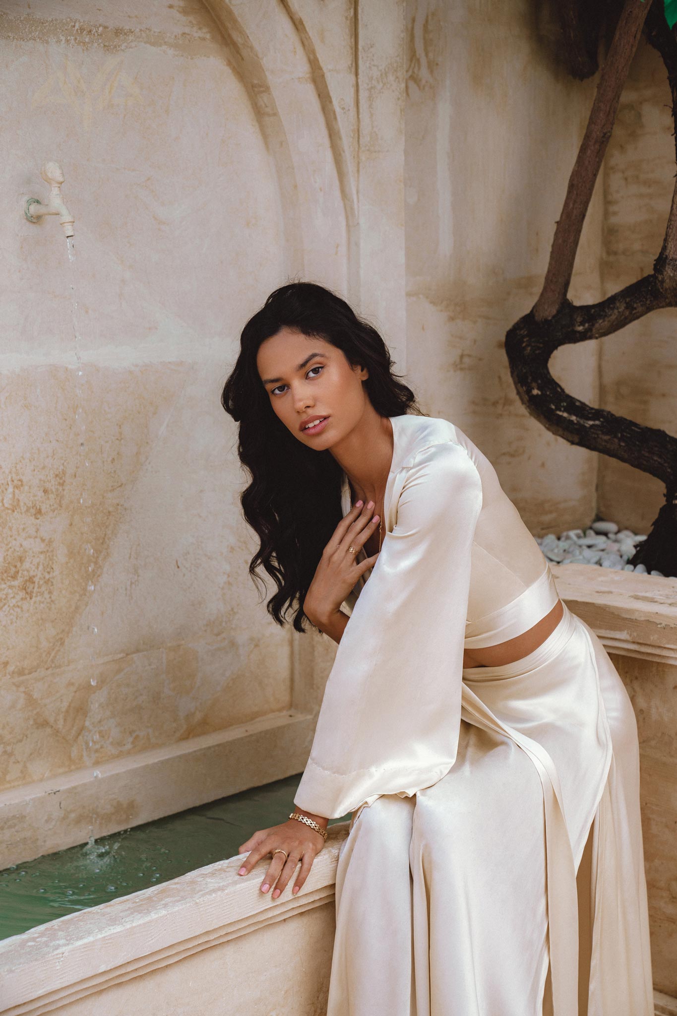 Cream Venus Peace Silk Blouse • Elegant Goddess Sleeves Crop Top • Kimono Blouse - AYA Sacred Wear